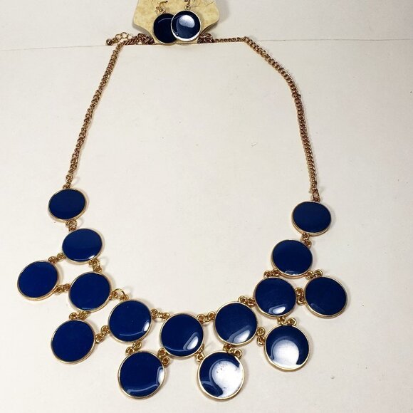 Stylish Gold-tone Blue Flat Round Discs Necklace & Matching Earrings Set Women's - Picture 4 of 11